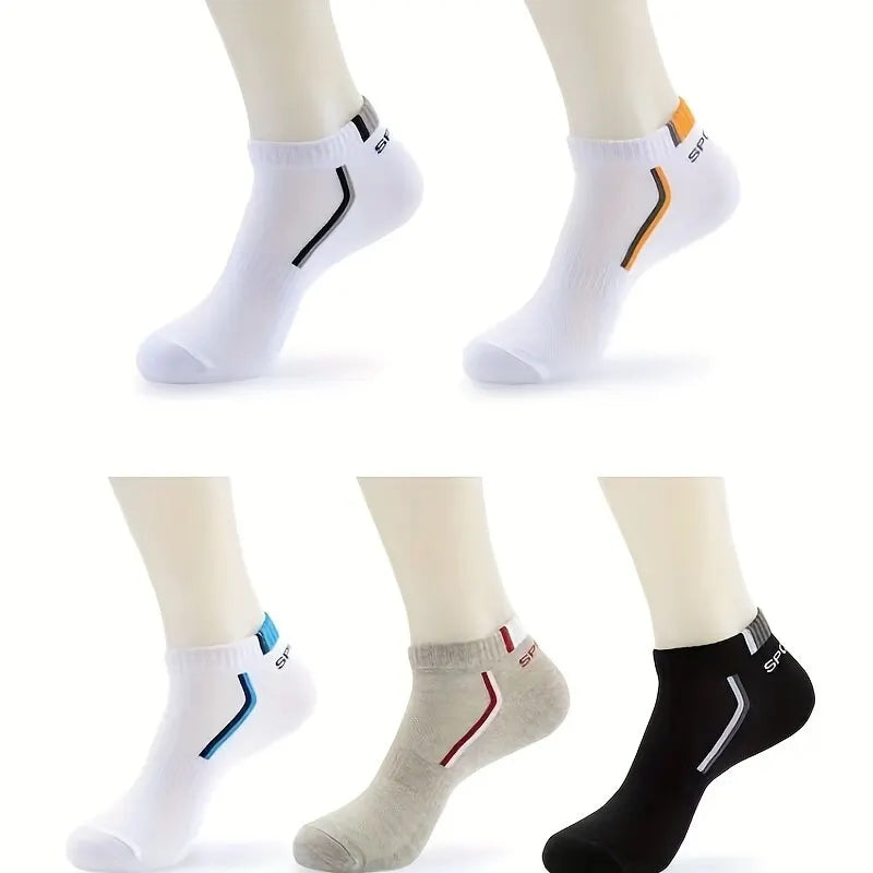 5pairs Men's Fashion Sports Socks, Striped Cotton Sweat Absorption Breathable Comfortable Ankle Socks - Hiron Store