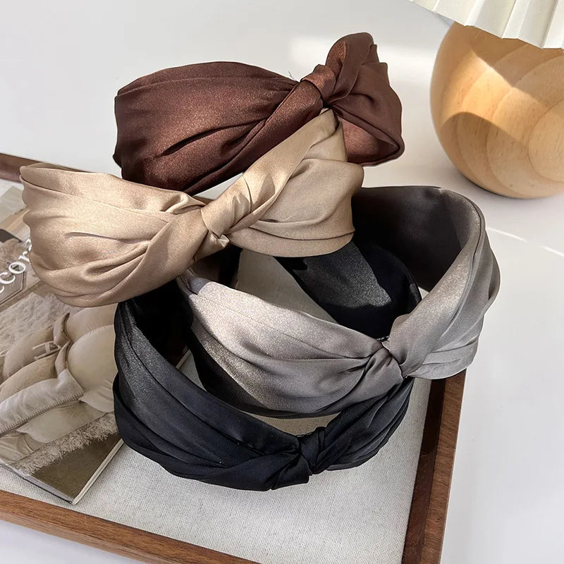 Retro Coffee Color Satin Knotted Wide Headbands Woman Temperament Elegant Hairband Hair Hoop Hair Fashion Accessories