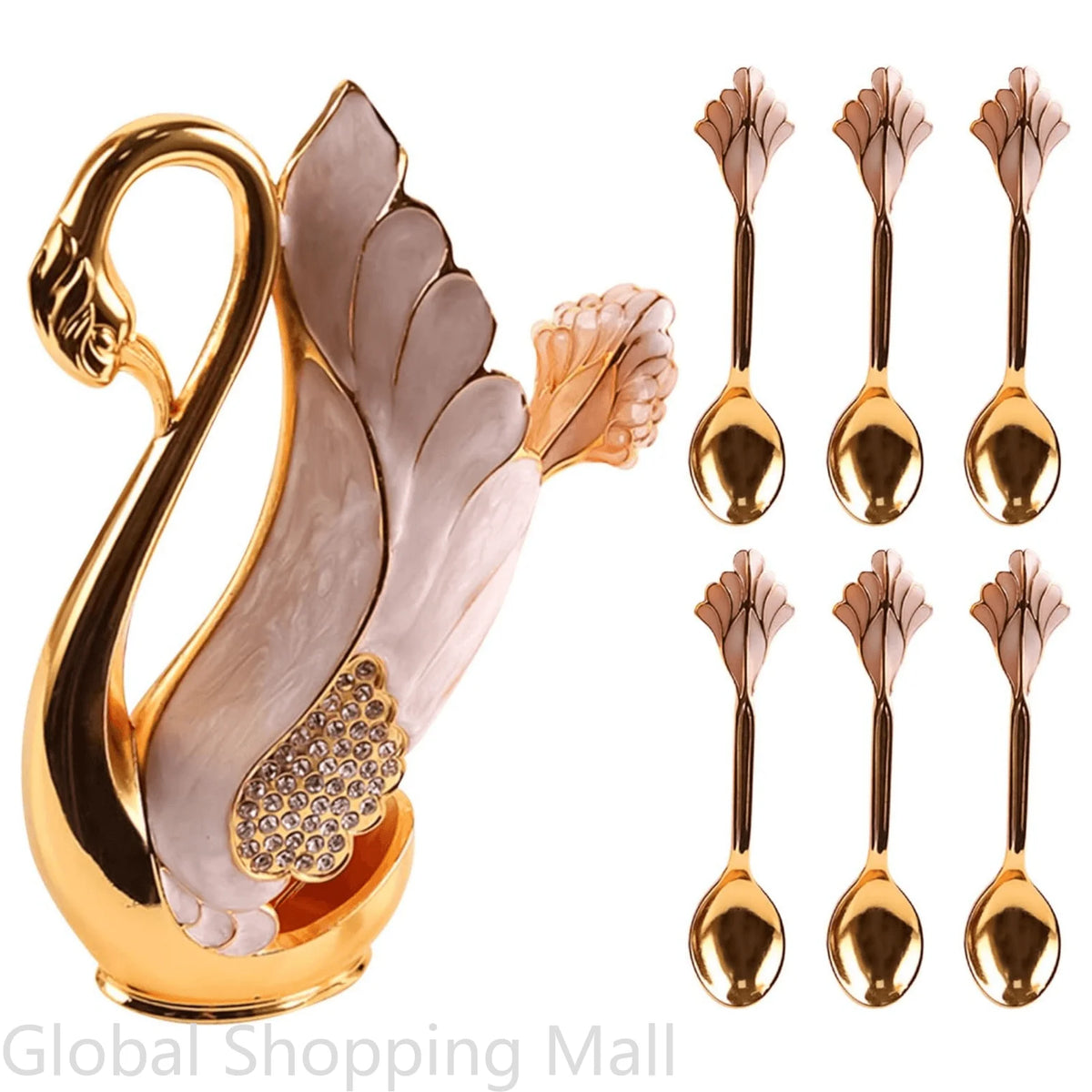 Metal Swan Base Holder, Tableware Organizer with 6 Spoons or Forks, Small Delicate, for Coffee, Fruit Desser,t Ice Cream Cake