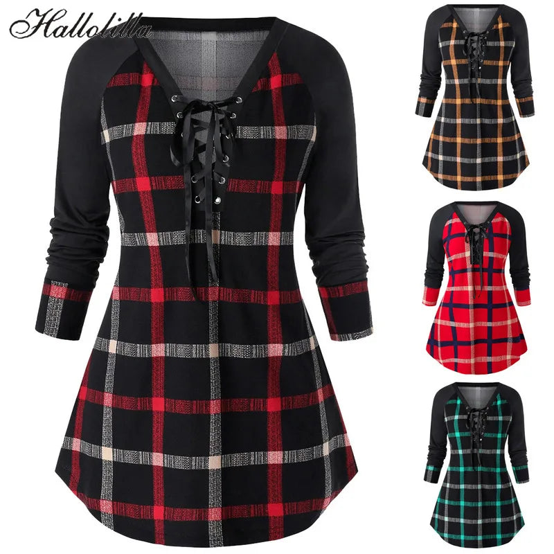 Women's Long T Shirt Casual Female Plaid T-Shirts Woman Clothing Tops