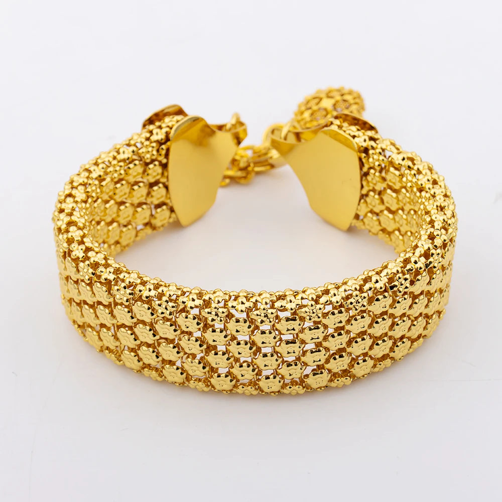 Chunky Necklace Earrings Dubai Gold Plated Bracelet African Fashion 3Pcs Jewellery