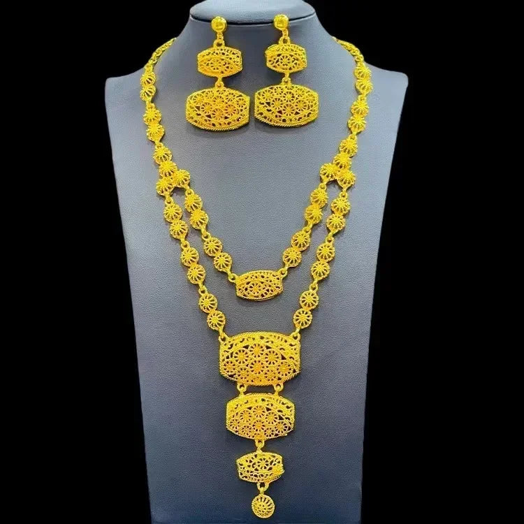 Dubai Jewelry Set For Women Necklace Earrings Indian Thailand Two Piece Set Gold Color