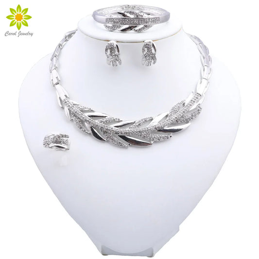 Silver Color Dubai Jewelry Set for Women Crystal Necklace Earrings with Bangle Ring