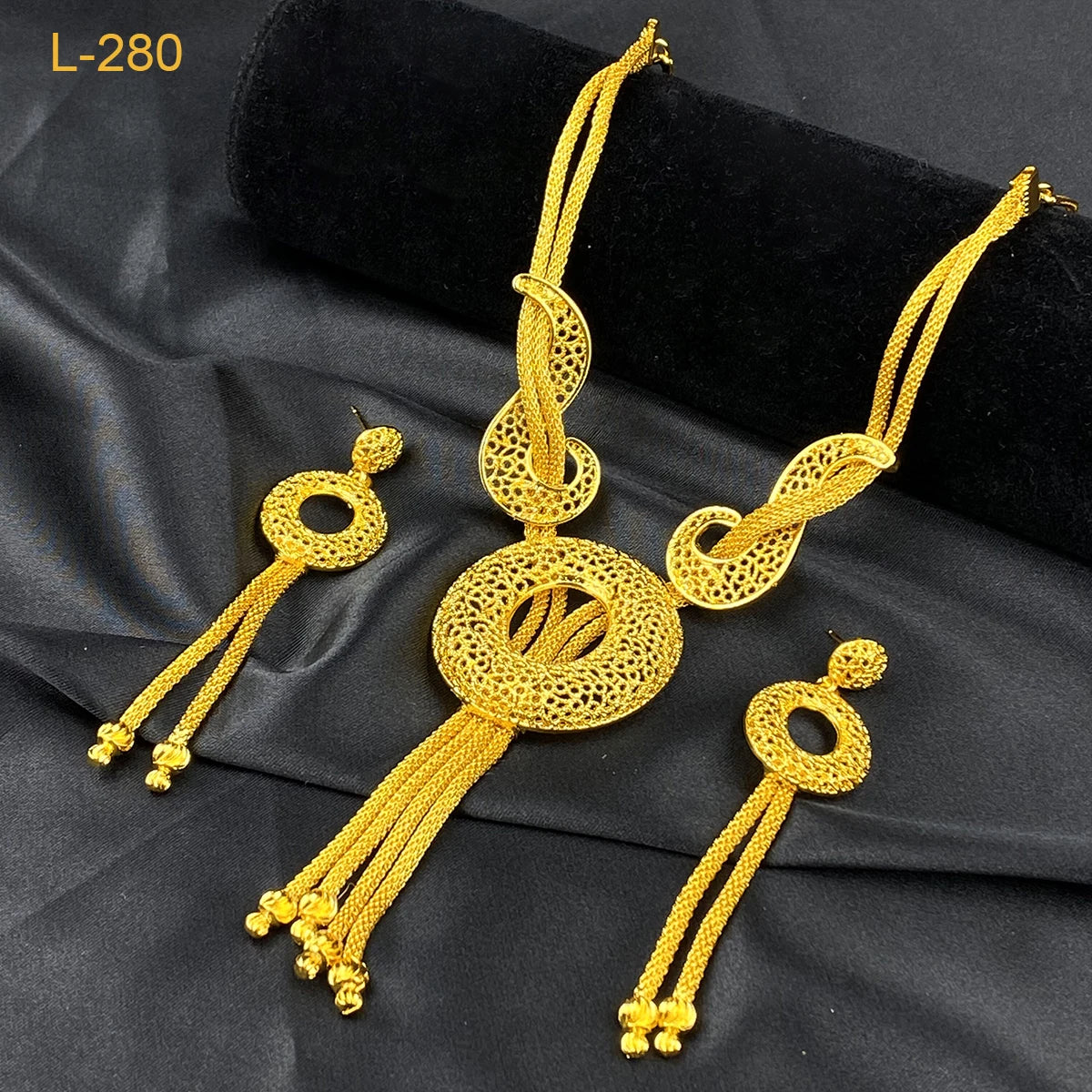 ANIID Luxury African Pendant Necklace Earrings Set With Tassel for Women Arabic Banquet 24K Gold Plated Jewelry Sets Party Gifts - Hiron Store