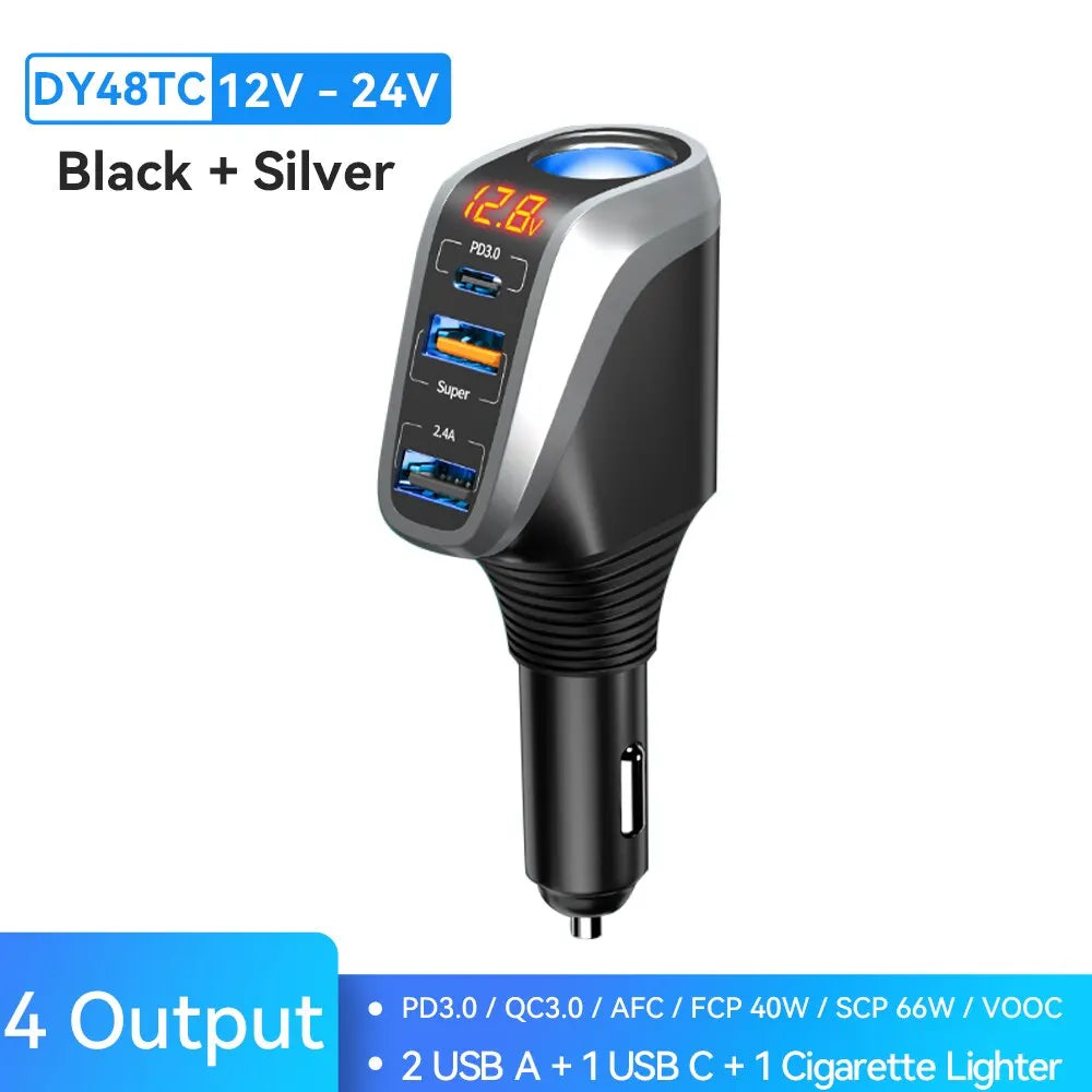 USB Car Charger With 90W Cigarette Lighter Expansion Port PD SCP FCP Quick Charge For iPhone Samsung Huawei