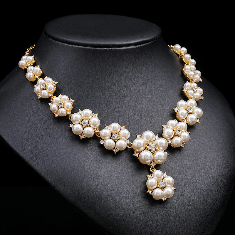 Fashion Women Bridal Elegant Wedding 3pcs/set Party Pearl Rhinestone Angle Necklace Earrings Jewelry Set Banquet Gift - Hiron Store