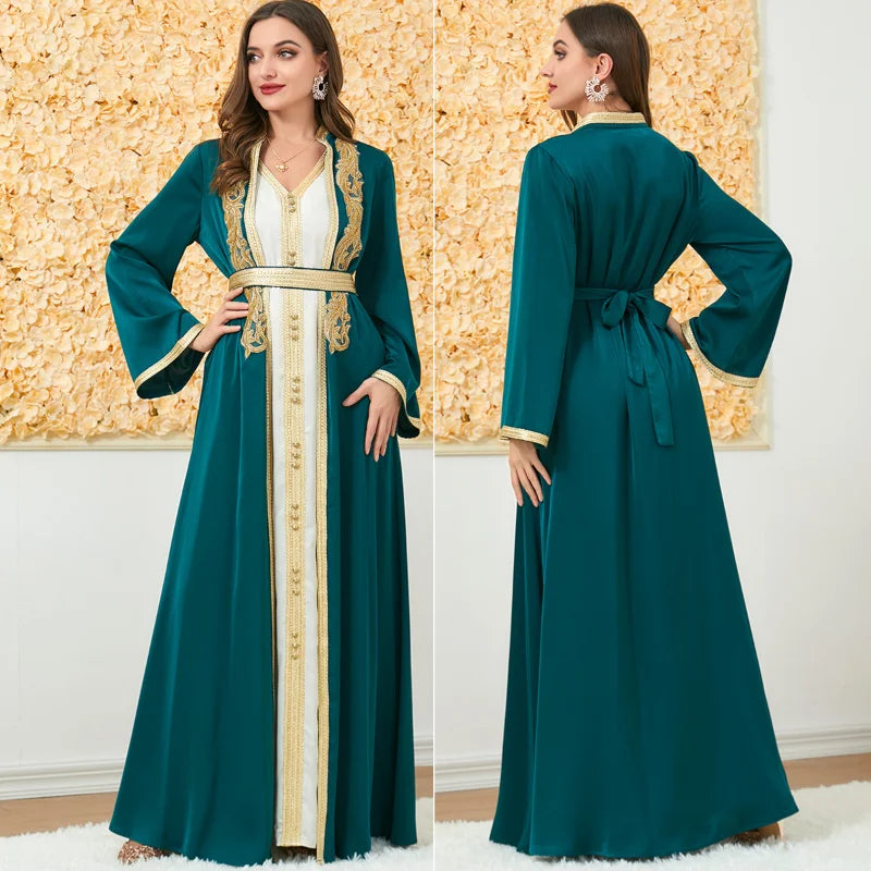 Muslim Women Long Sleeve V-neck Polyester  2 Pieces Dress  Matching Sets Muslim Abaya