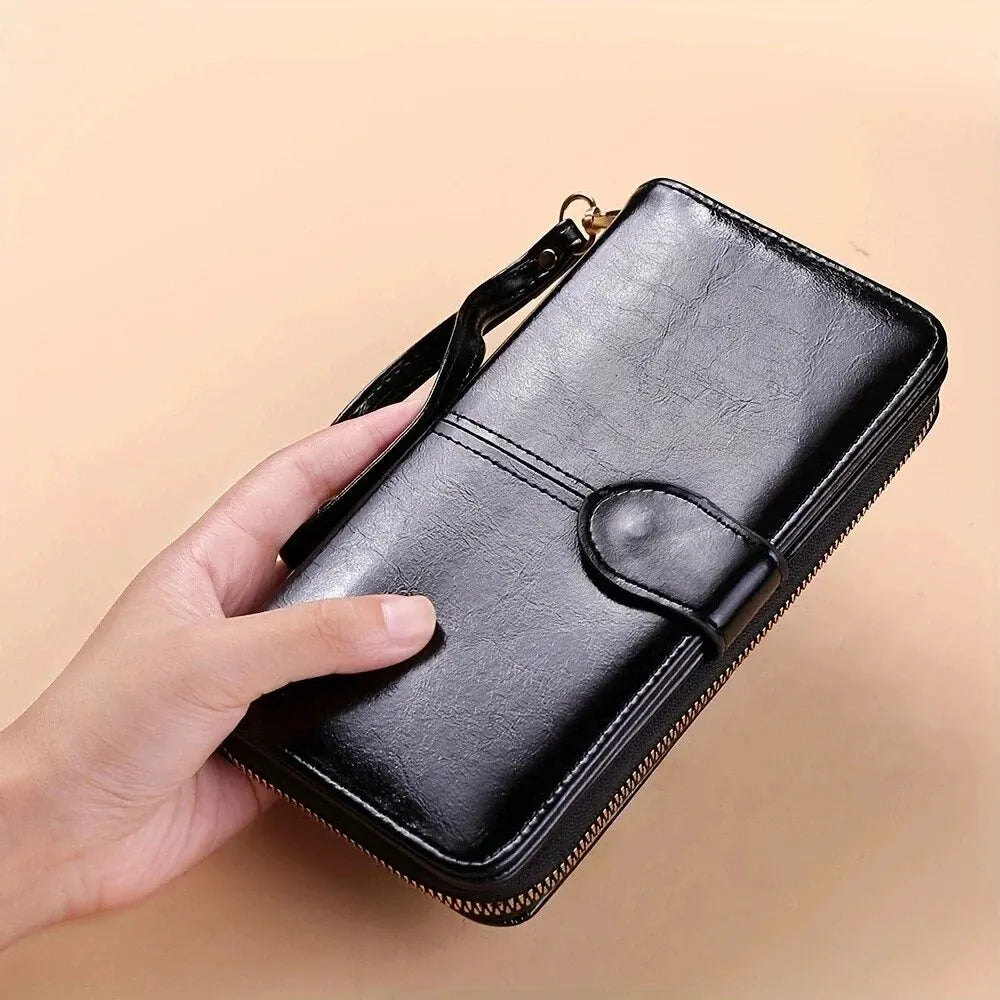 Women's Vintage Oil Wax PU Leather Clutch Wallet Female Large Capacity Phone Card Holder Pouch Bag