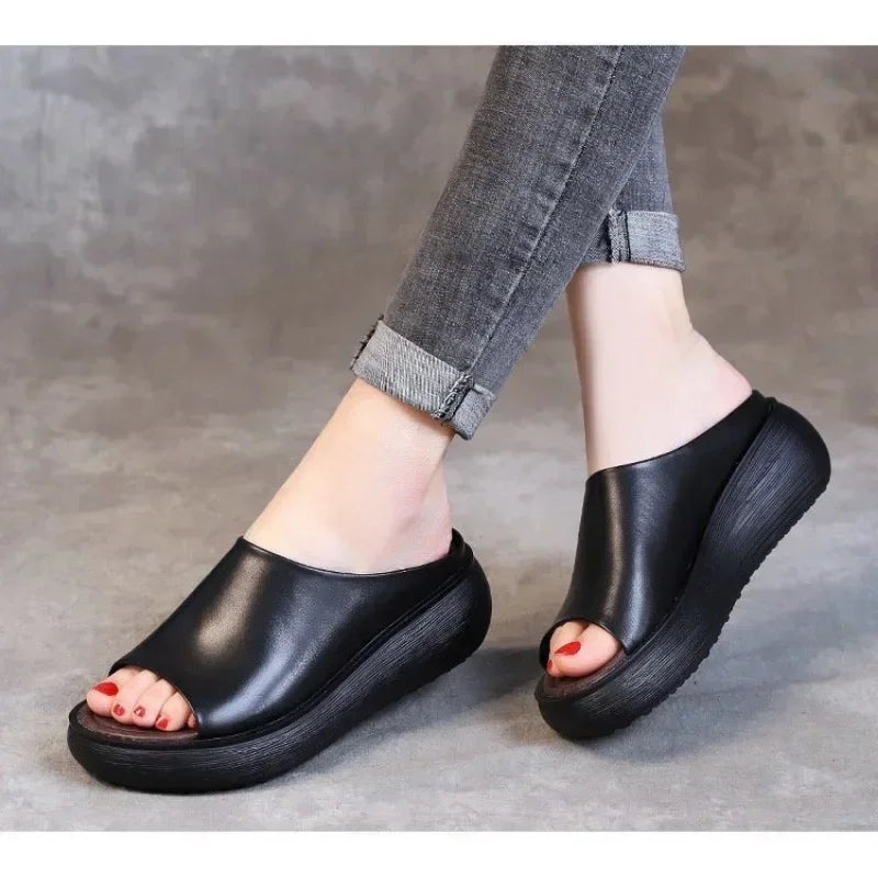 Ladies Leather Slippers pu Sole Sandals for Women Sexy High Heel Mules Clogs Black Peep Toe Platform Mules Wedges Sandals Shoes