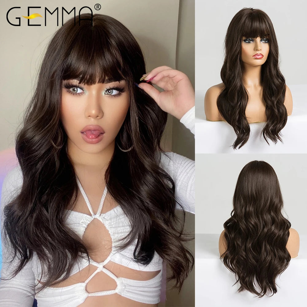 Ombre Brown Blonde Long Straight Synthetic Wigs with Bangs Cosplay Wig for Women High Temperature Natural Fake Hair