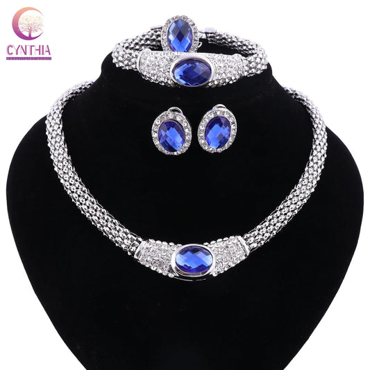 Women Blue Crystal Statement Necklace Jewelry Sets with Earrings for Party Wedding Boho Fashion Trendy Necklace Hot Sale - Hiron Store