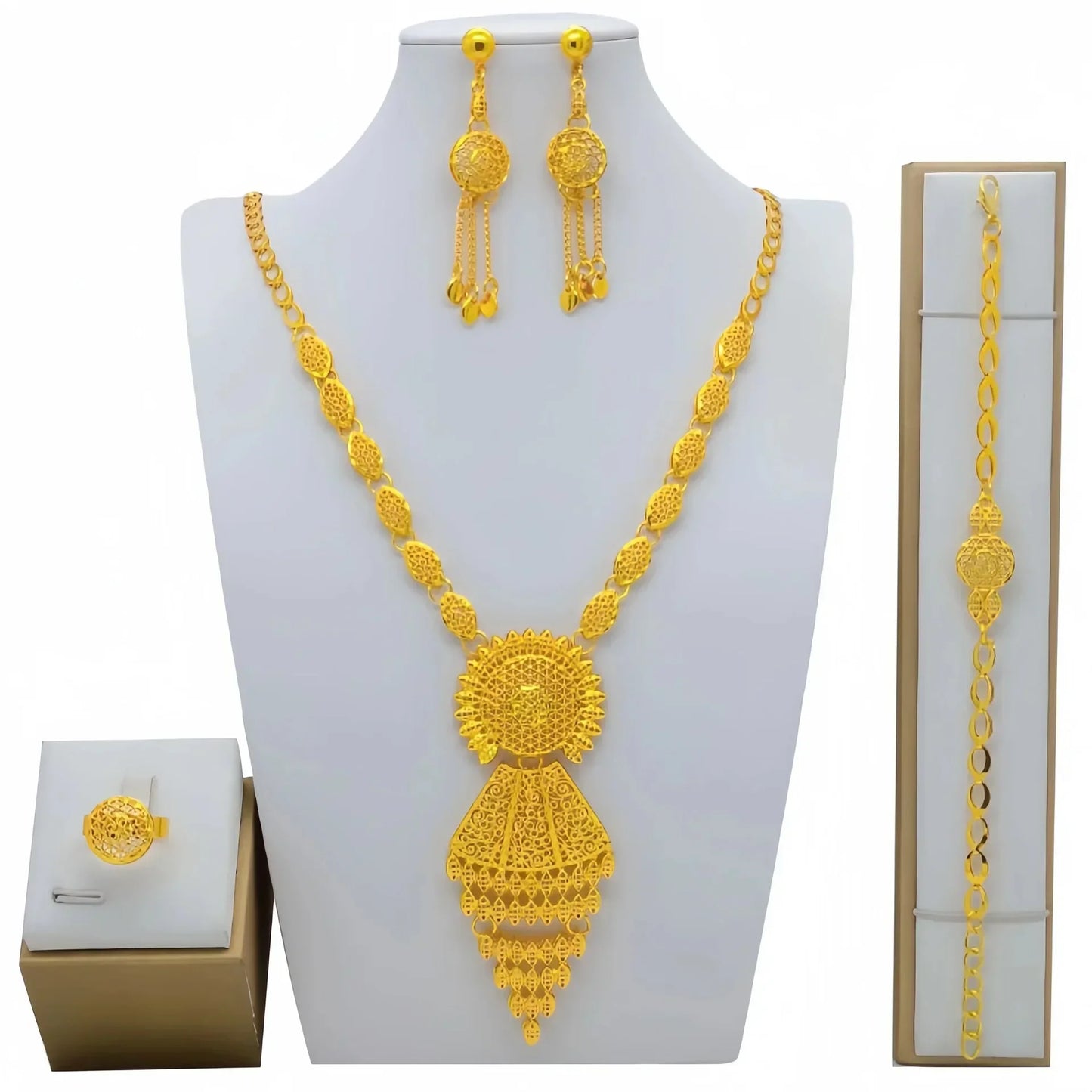 Fashion India Latest Design Jewelry Luxury African Jewelry Necklace Earrings Ring Bracelet Set Dubai Gold Color