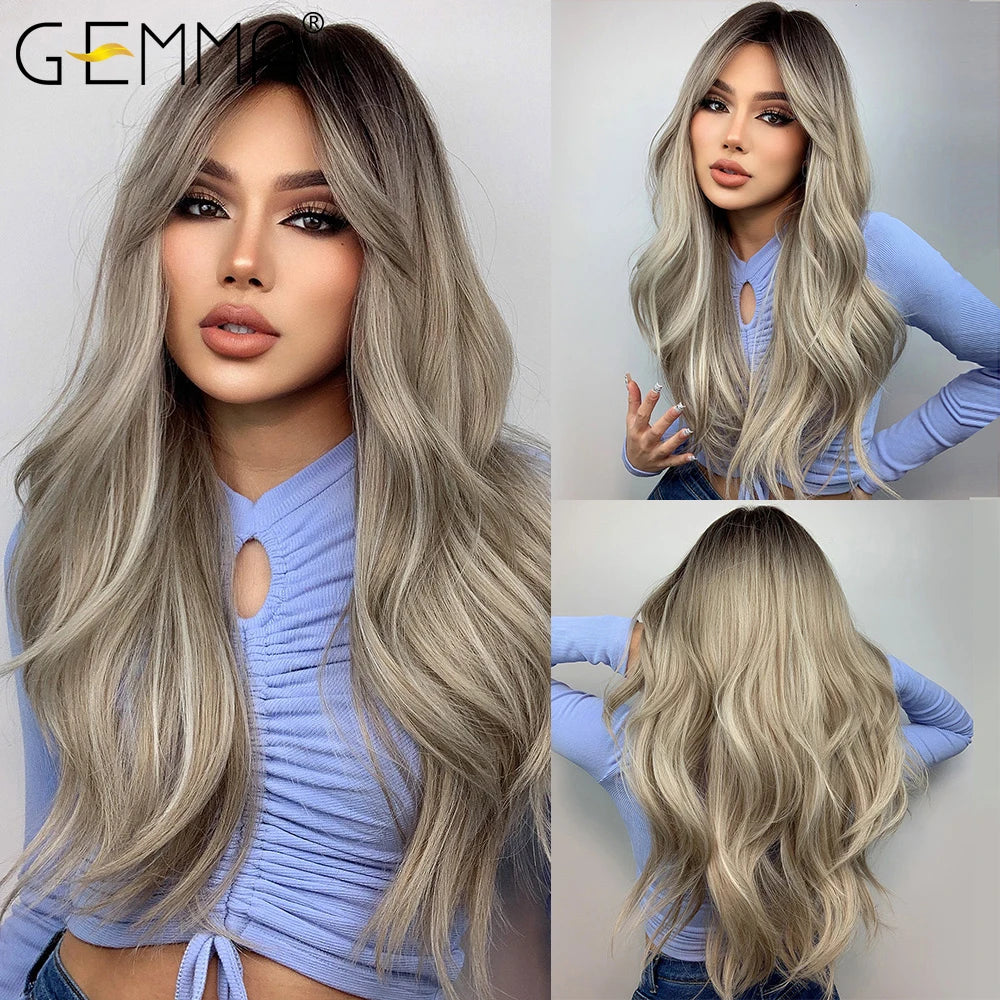 Ombre Brown Blonde Long Straight Synthetic Wigs with Bangs Cosplay Wig for Women High Temperature Natural Fake Hair