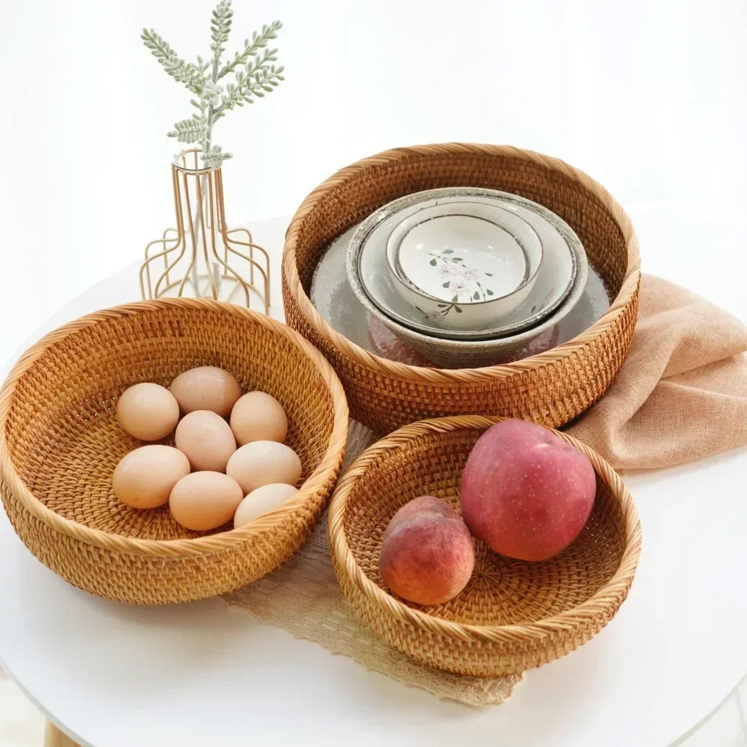 Round Rattan Woven Basket, Wicker Fruit Basket, Bread Food Kitchen Home Decor Organizer, Breadbasket For Kitchen - Hiron Store