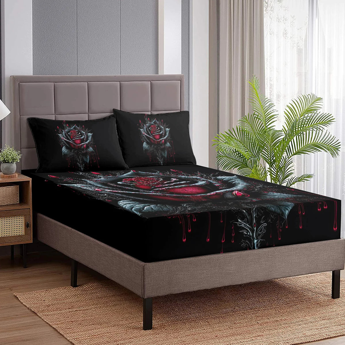 3D Black Red Rose Romantic Flowers Fitted Sheet Blood Ink Pattern Bedding Set 3 Piece Fitted Sheet Sets with 2 Pillowcases