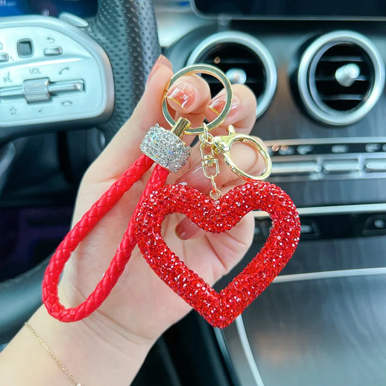 Ceramic Clay Full Diamond Love Key Chain Leather Rope Sticking Water Diamond Car Key Pendant