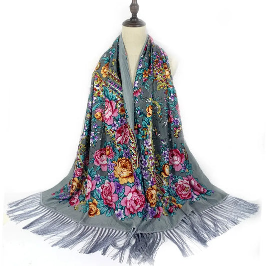 Russian National Scarf Women Floral Print Bandana Shawl Ethnic Fringed Handkerchief Babushka Hijab Head Wraps Pashmina - Hiron Store