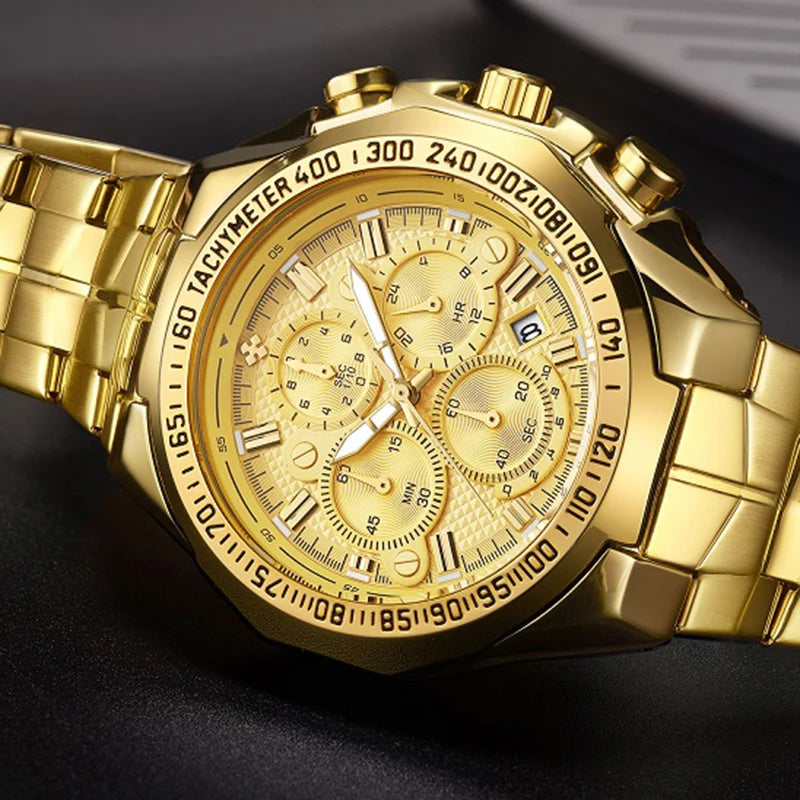 Luxury Wrist Watches For Men Gold Big Golden Male Chronograph Wristwatch