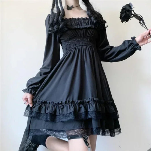 Japanese Lolita Style Women Princess Black Mini Dress Slash Neck High Waist Gothic Dress Puff Sleeve Lace Ruffles Party Dresses - Hiron Store