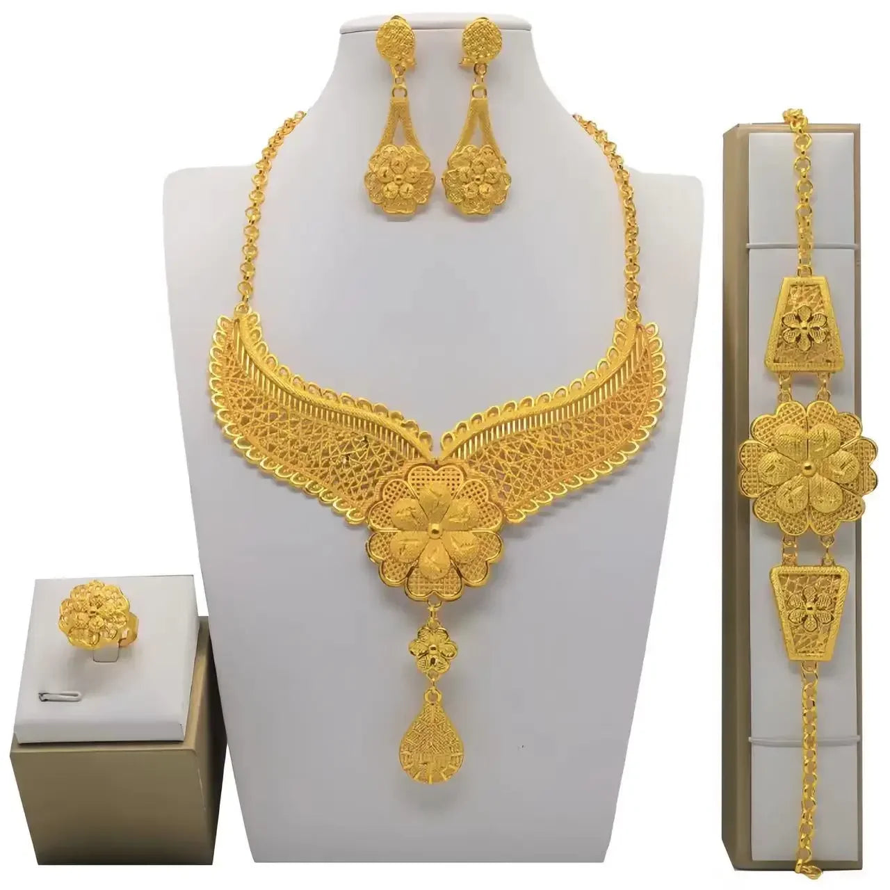 Fashion India Latest Design Jewelry Luxury African Jewelry Necklace Earrings Ring Bracelet Set Dubai Gold Color