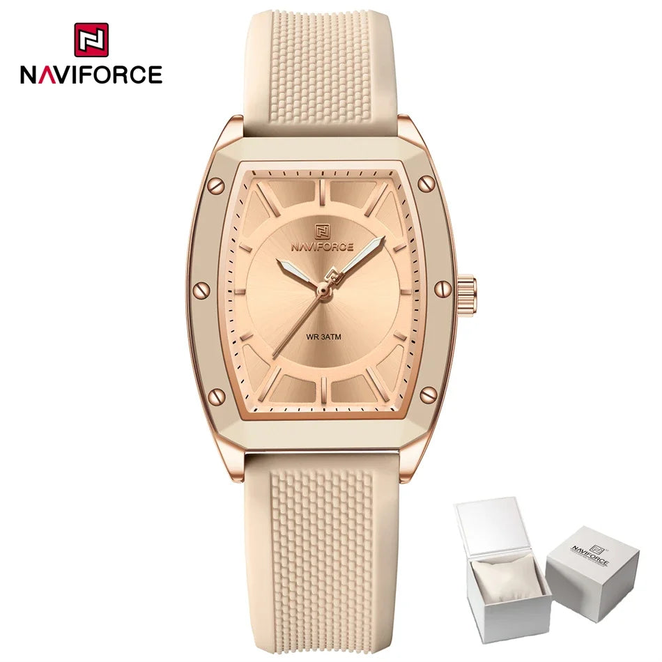 NAVIFORCE Women Quartz Watches Silicone Strap Sports Watch Big Dial Simple Tonneau Waterproof