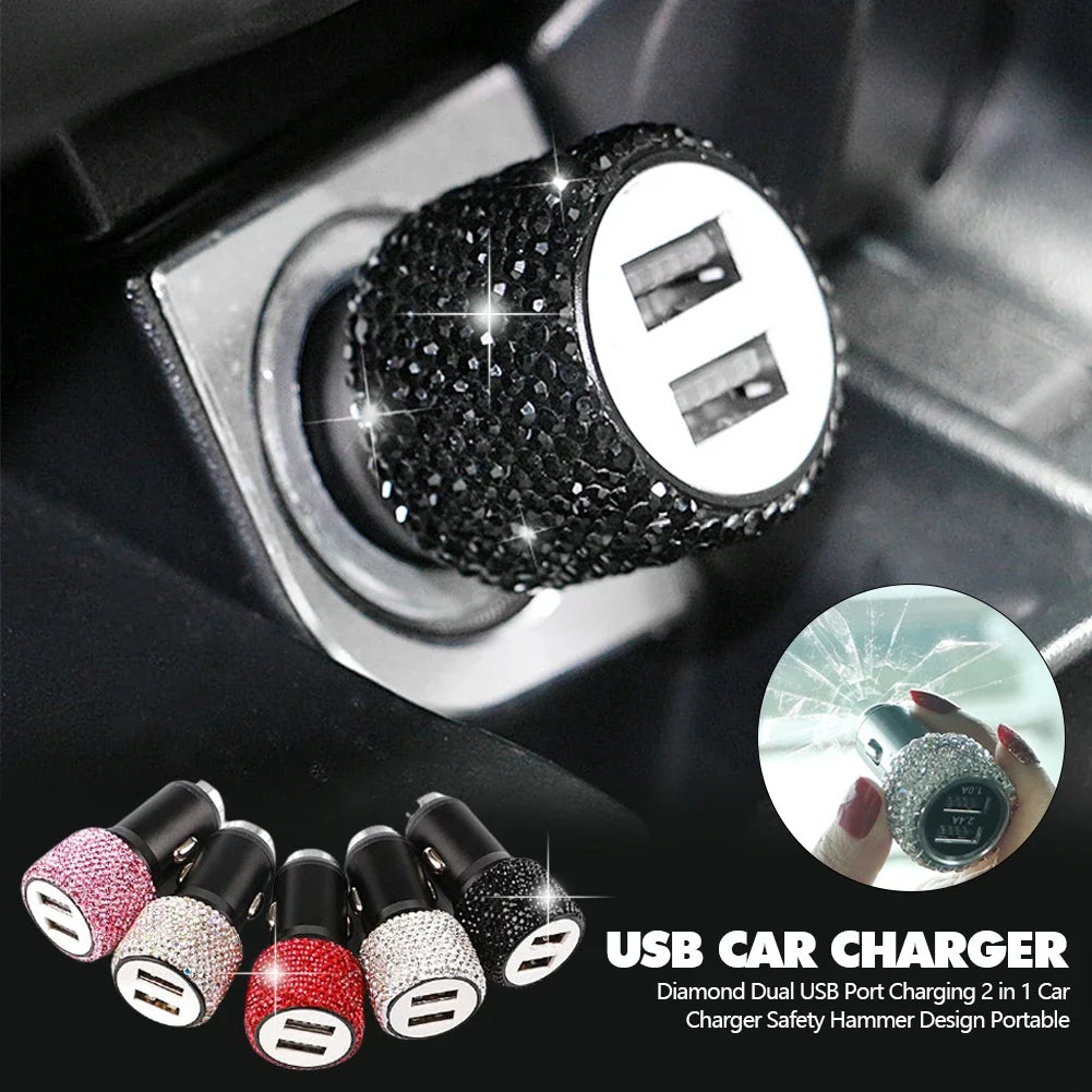 USB Car Charger 5V 2.1A Dual Port Fast Adapter Pink Styling Diamond Car Accessories