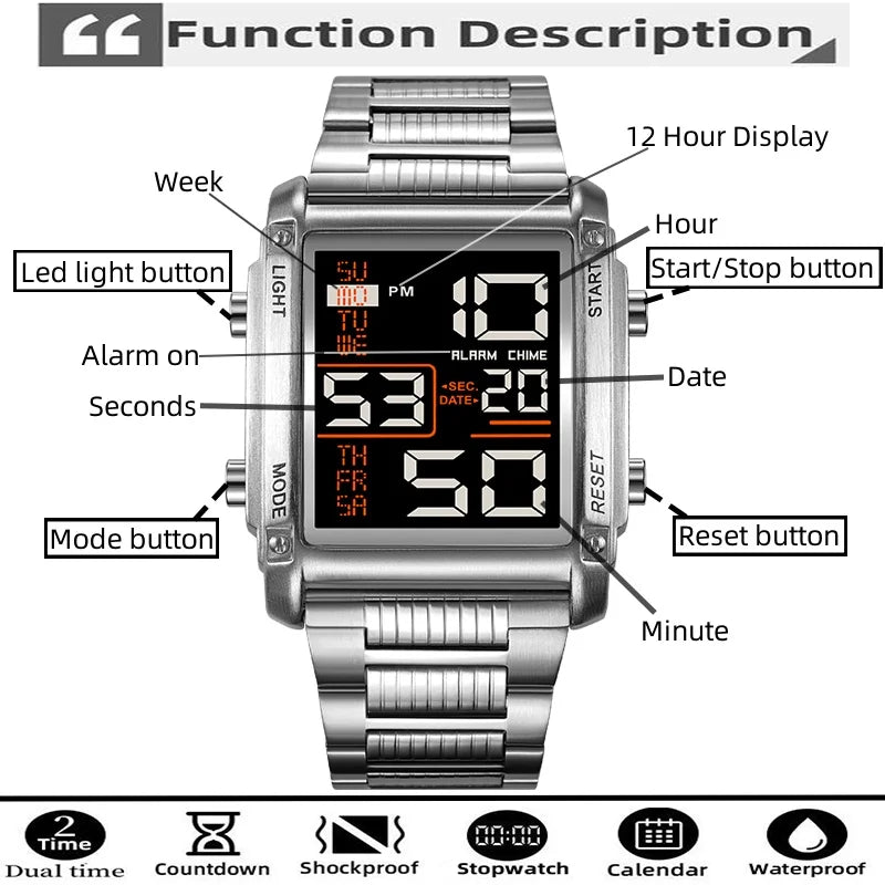 Dual Time Stainless Steel Strap Hardness Glass Dial Led Waterproof Stopwatch Digital Sports Bracelet Watches