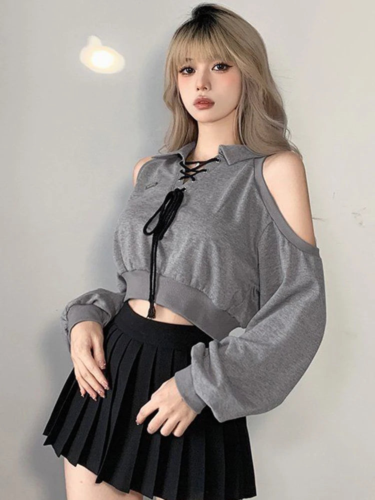 Women Sweatshirt Streetwear Off Shoulder Gothic Tops Long Sleeve Harajuku Grey Pullovers