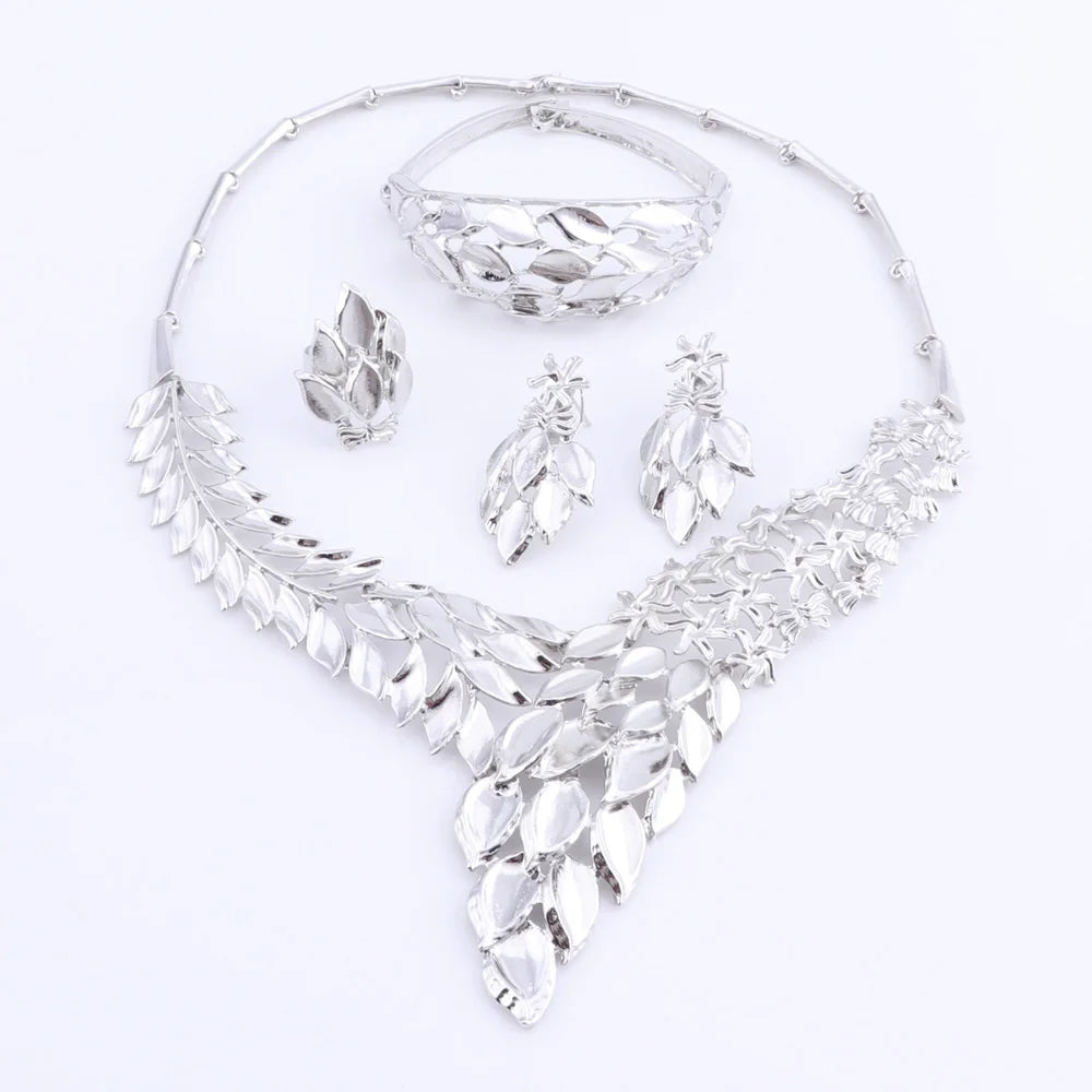 Bridal Jewelry Sets Silver Color Leaves Shaped Necklace Sets