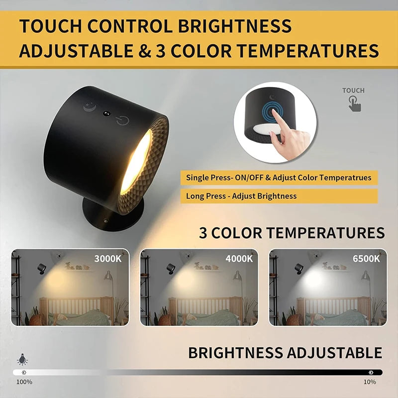 Led Double Head Wall Lamp Touch Control Remote 360 Rotatable USB Recharge Wireless Portable Night Light