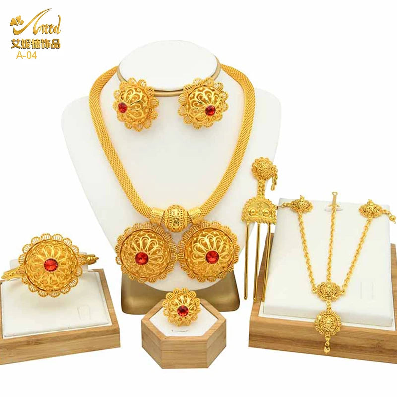 ANIID Ethiopian Gold Plated 6PCS Jewelry Set For Women Indian Red Crystal Luxury Jewellery Sets