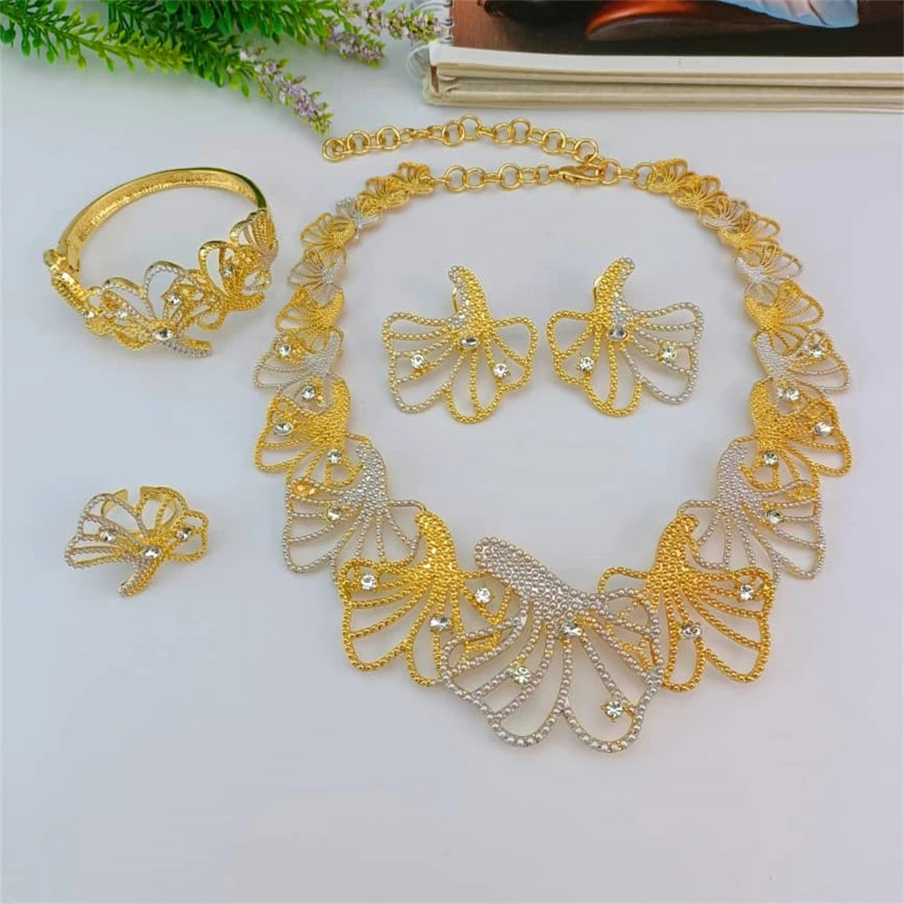 Dubai Gold Plated Jewelry Set Coloful Stone Necklace Elegant Bracelet Earrings