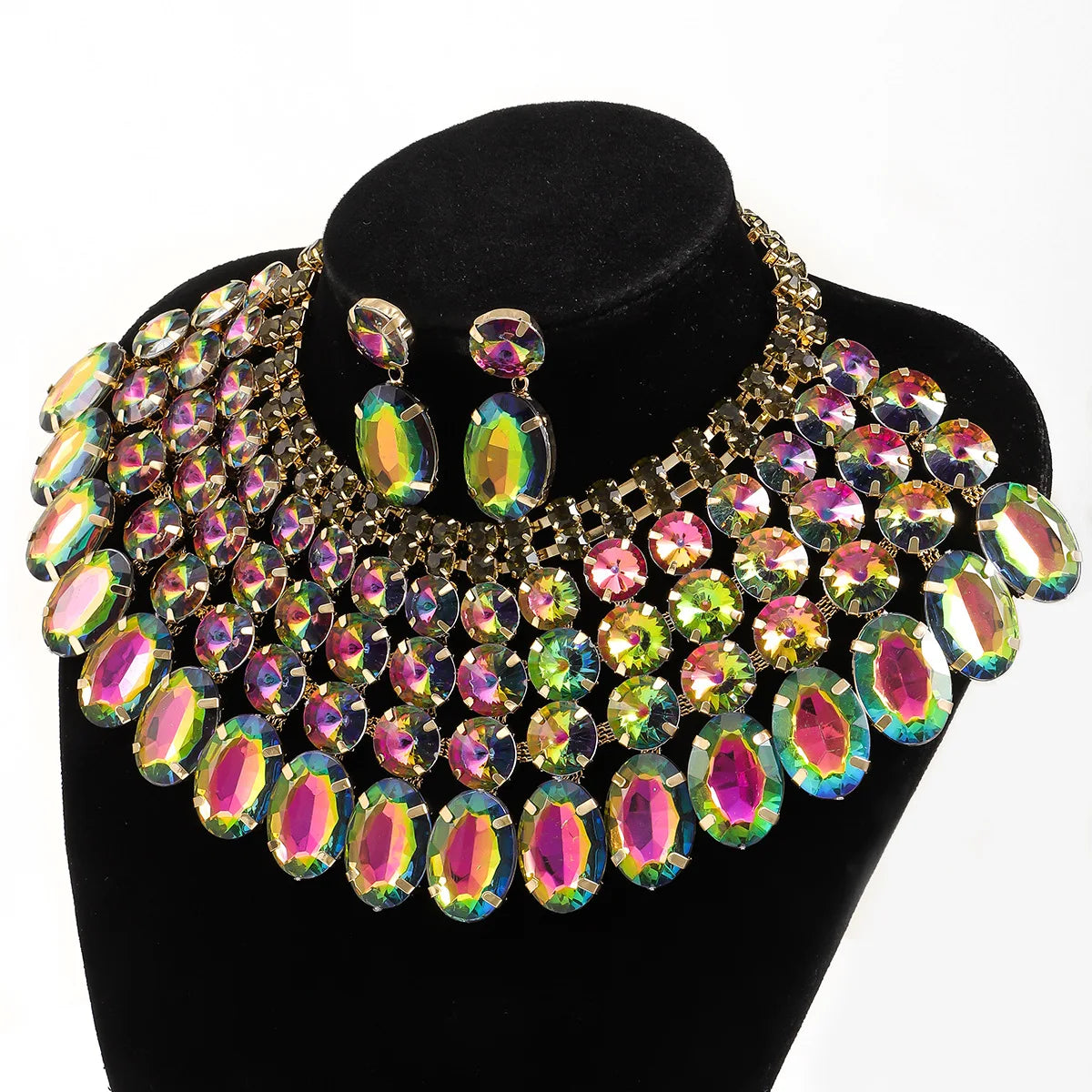 luxury shiny multi-layer rhinestone earrings necklace set banquet evening