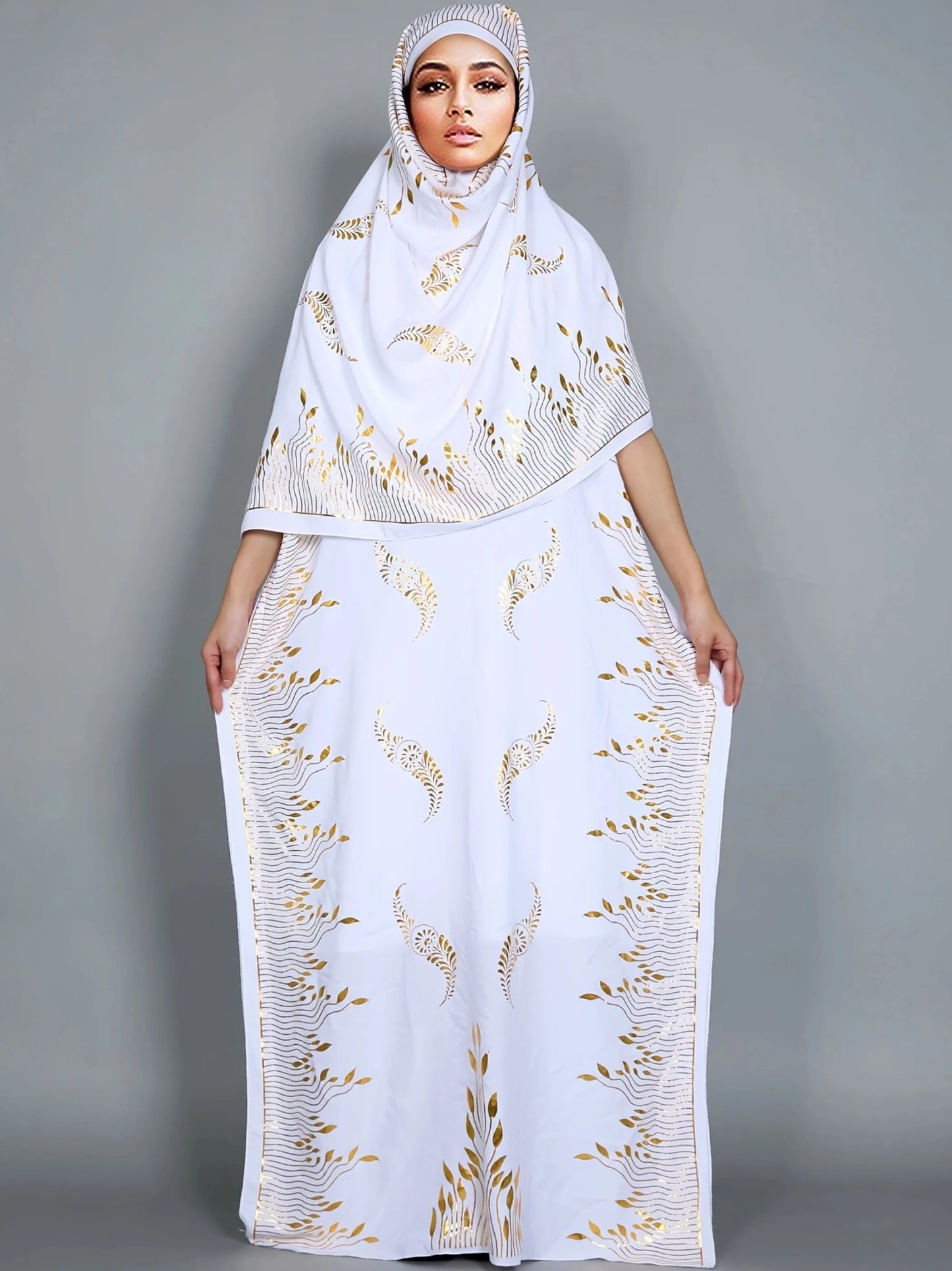 Abaya Short Sleeve Cotton Gold Stamping Loose Lady Maxi Islam African Dress