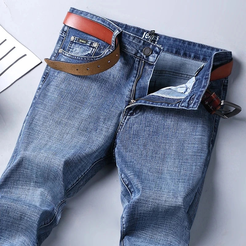 Men Classic Straight Regular Blue Stretch Denim Trousers Men's Smart Jeans