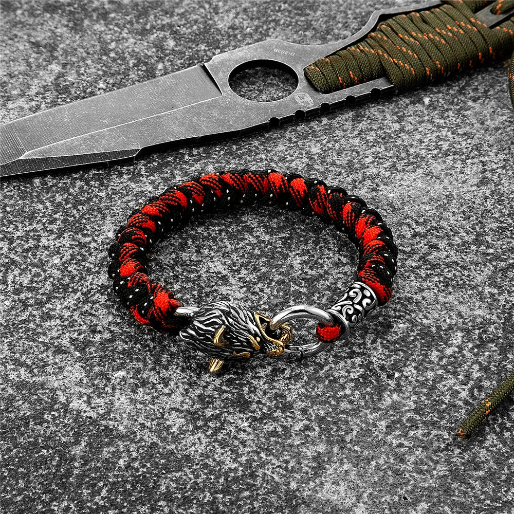 Retro Norse Odin's Wolf Survival Bracelets Men Viking Geri&Freki Stainless Steel Paracord Rope Bangles Handmade Outdoor Jewelry - Hiron Store