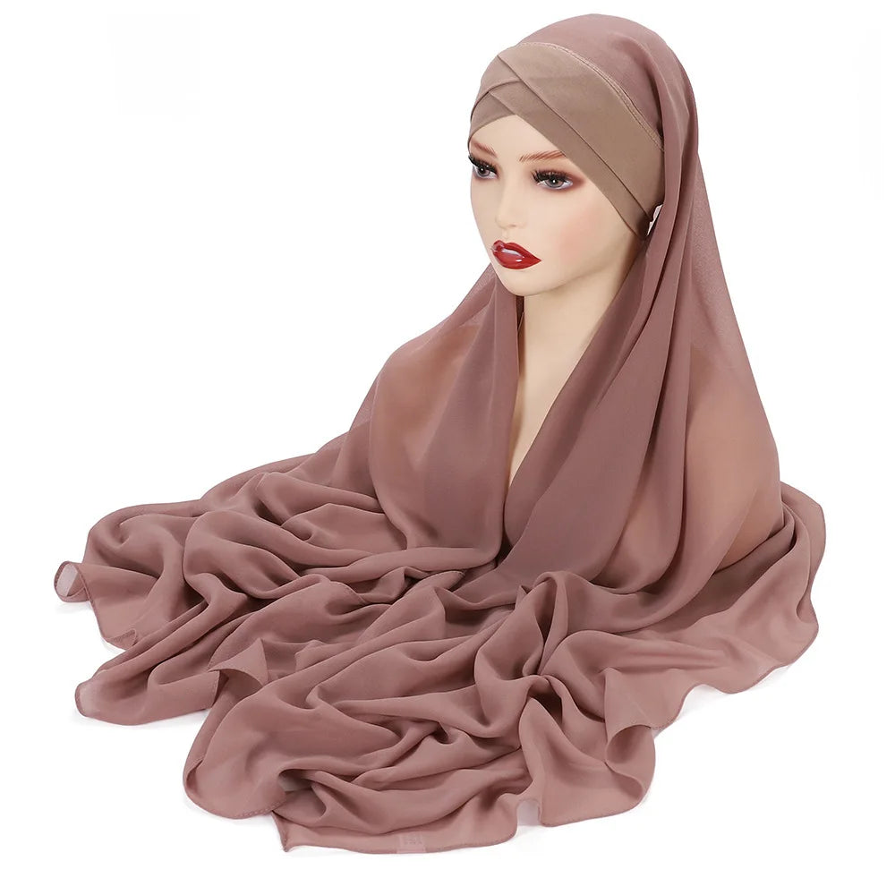 Instant Hijabs Chiffon Hijab Scarf With Cross Bonnet Brand Design Women Islamic Underscarf