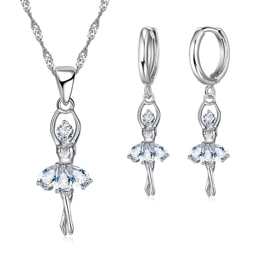 High-End Women Jewelry Sets Ballet Girls Figure Lady Usual 925 Sterling Silver Color Necklace And Hoop Earrings Accessory - Hiron Store