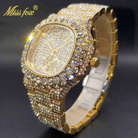 Gold Watch For Men Diamond Iced Quartz Watches Waterproof