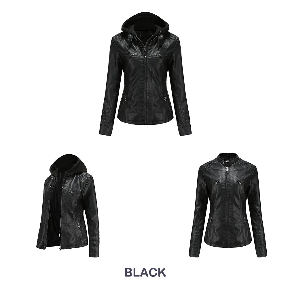 Plus Size Women Hooded Leather Jacket Removable Leather Jackets