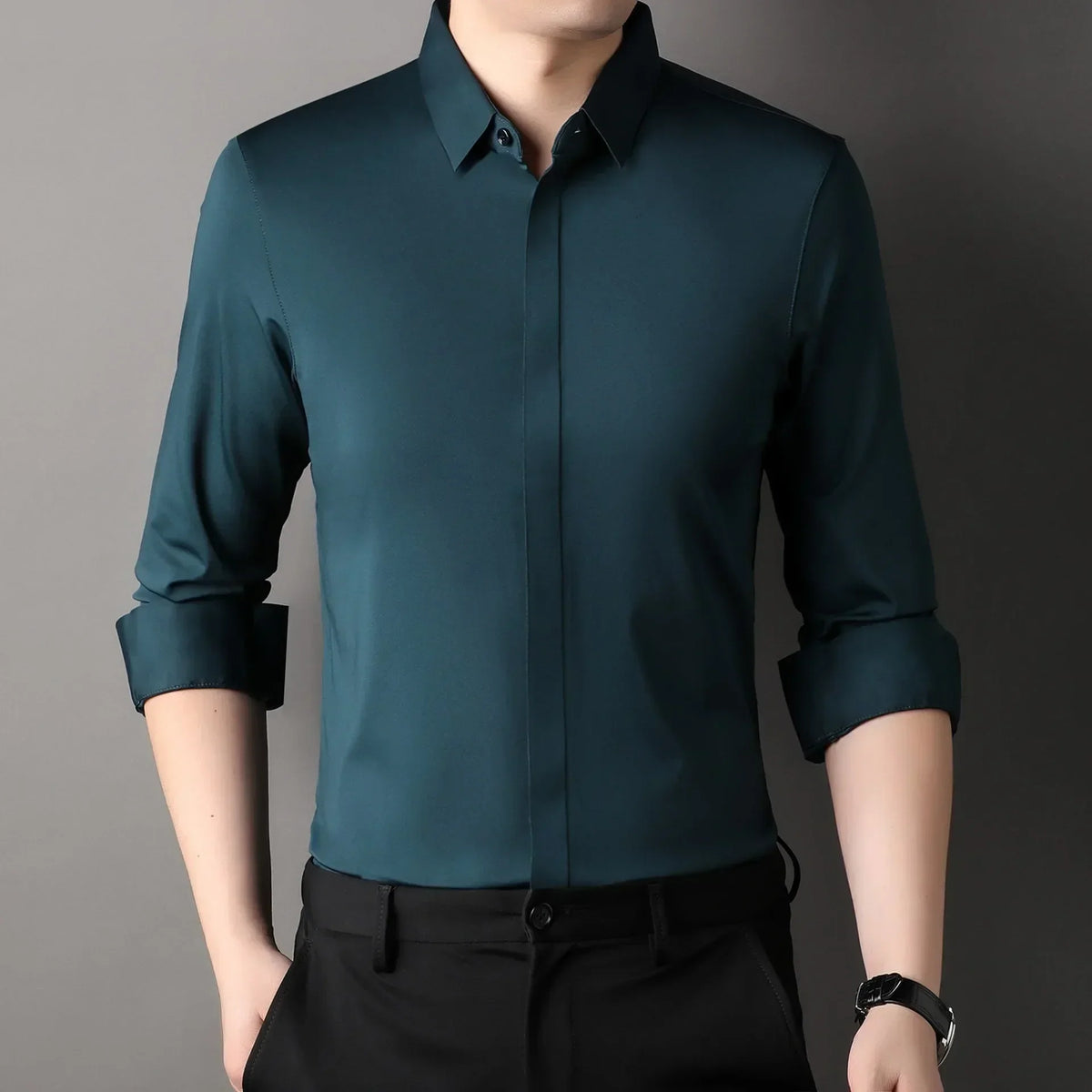 High end Mulberry Silk Dress Shirts, Business  Men Wrinkle Resistant, Button Invisible Elastic Tops, Luxurious Male  Clothing