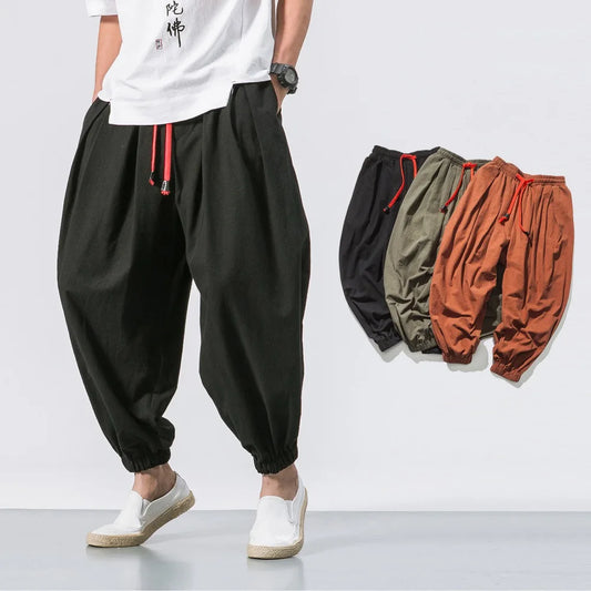 New Oversized Men Harem Pants Loose Chinese Style Cotton and Linen Sweatpants High Quality