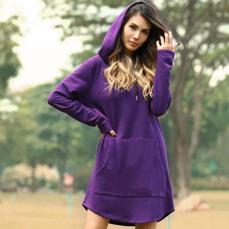 Women Fashion Hoodies Dress Spring Solid Big Pocket Sweatshirt Pop Hoody Casual Long Tops