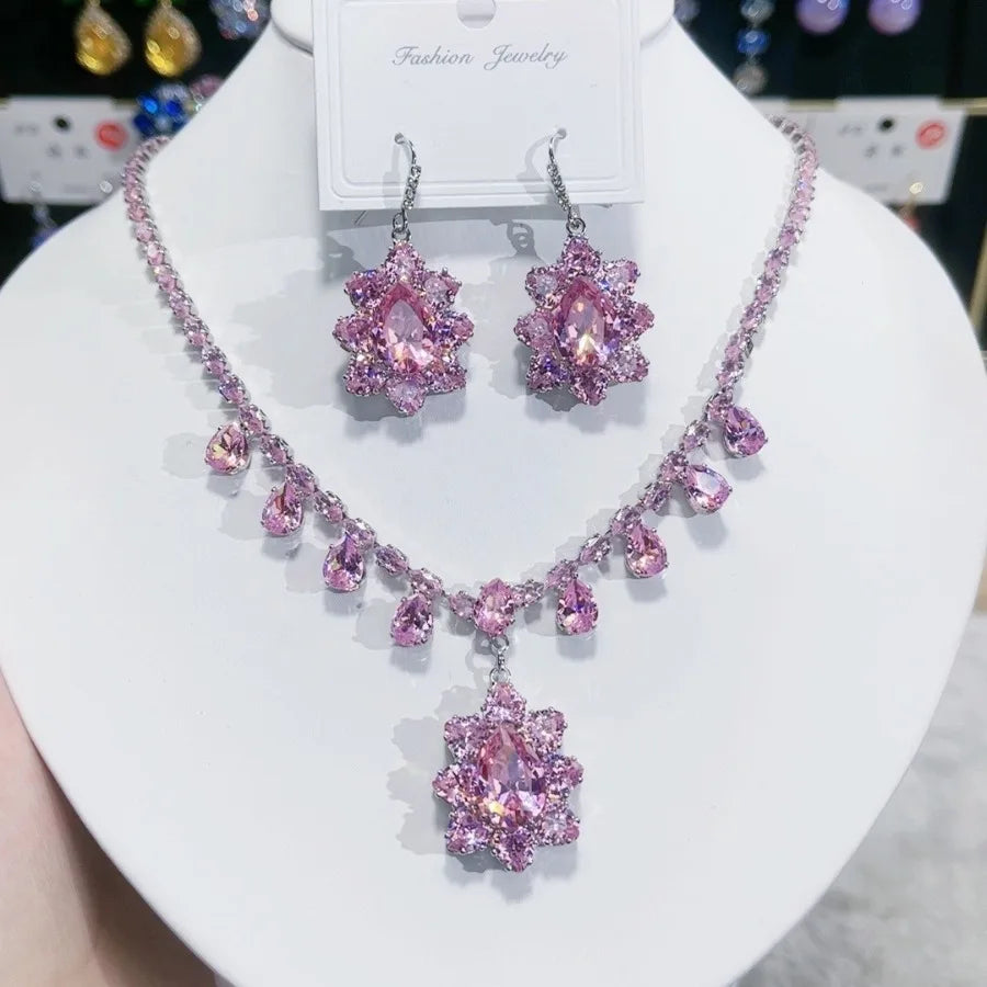 Women Colorful Fashion Zircon Necklace Earrings 2025