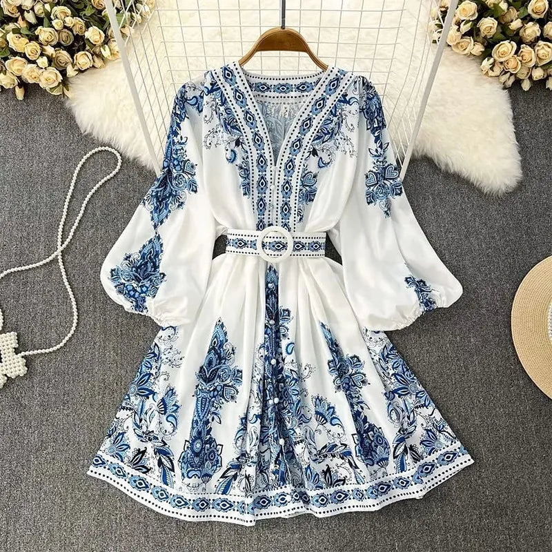 Women's Fashion Autumn New Blue Print V-Neck Long Sleeve Bohemian Dress Elegant Women's Belt Lantern Sleeve Holiday Vestidos - Hiron Store