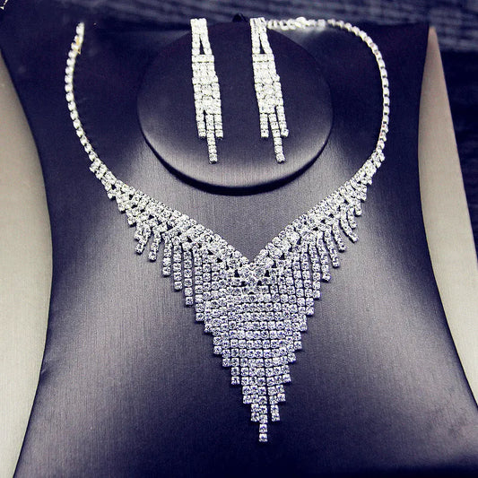 Luxury Geometric Rhinestone Necklace Earrings For Women Long Tassel Jewelry Sets Ladies Party Weddings  Accessory - Hiron Store