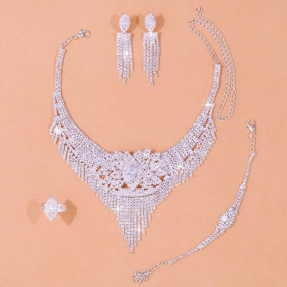 Luxury Indian Bridal Jewelry Sets Women Accessories Fashion Tassel Rhinestone Necklace Earrings Sets Wedding Jewelry - Hiron Store