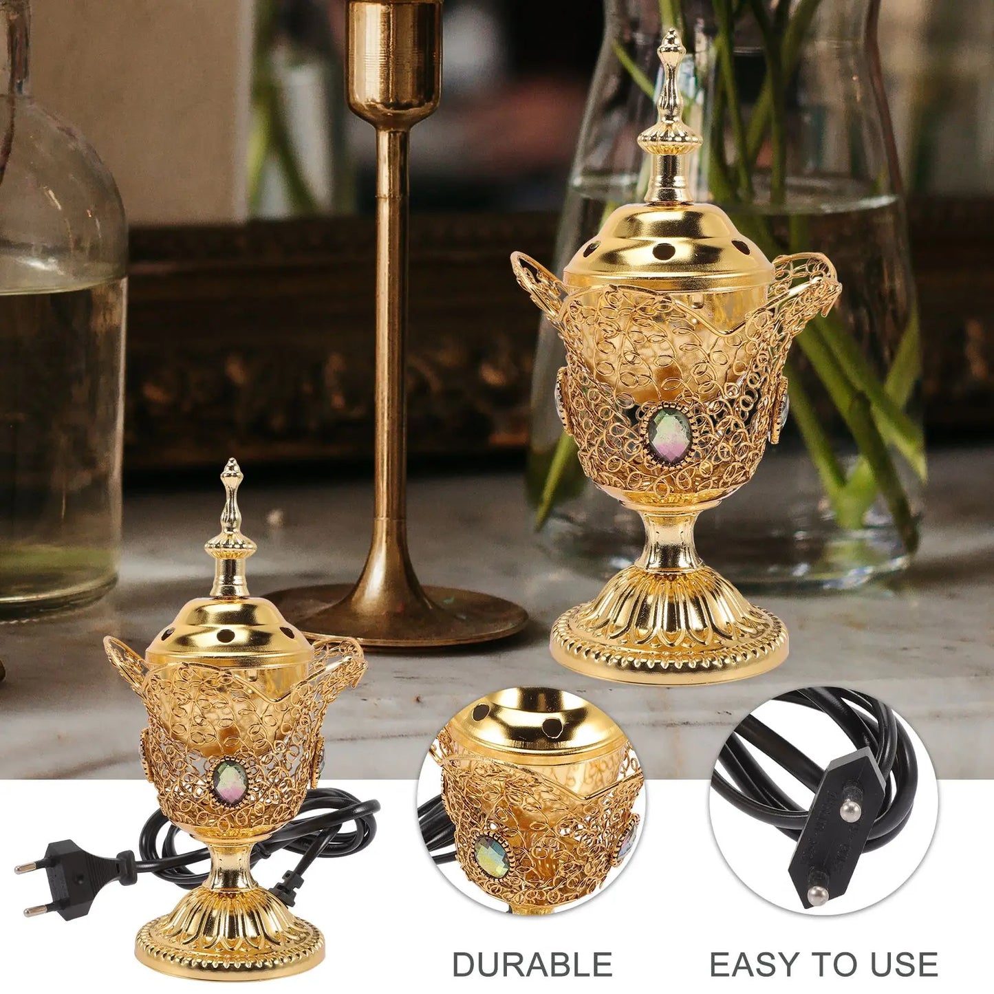 Metal Indoor Burner Middle East Church Electric Censer Metal Burner Vintage Sandalwood Burner (EU Plug)