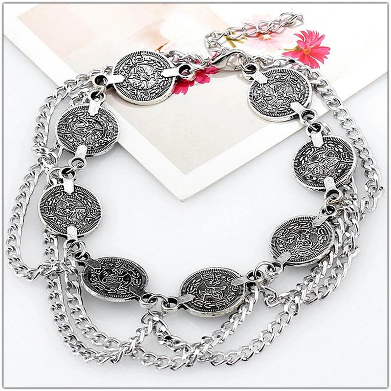 Vintage Silver colour Coin Charm Tassel Toe Ankle Bracelet Beach Chaine Cheville Femme Foot Jewellery