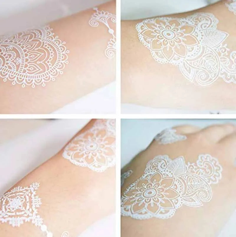 Henna White Lace Tattoo Stickers Bride Wedding Festival Face Neck Chest Arm Hand Foot Body Art Temporary 3D Tattoos